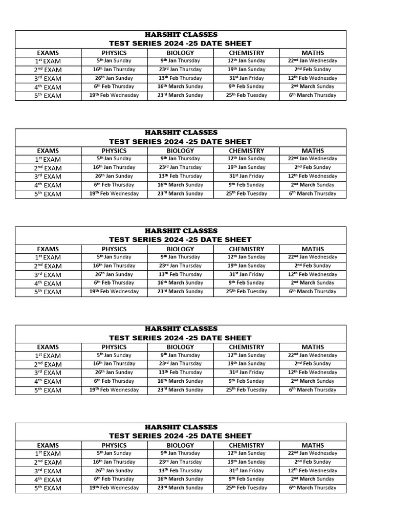Harshit Classes Test Series 2024-25 Dates | PDF