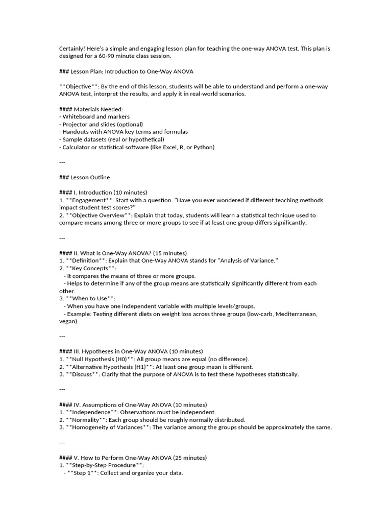 One-Way ANOVA Lesson Plan Guide | PDF | F Test | Analysis Of Variance