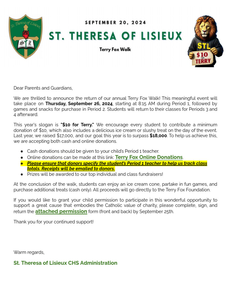 Letter To Parents Terry Fox Walk 2024 | PDF