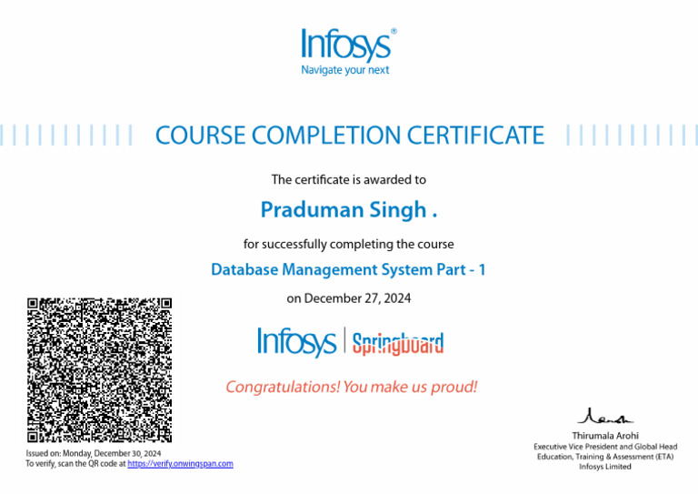 Database Management System Course Certificate | PDF