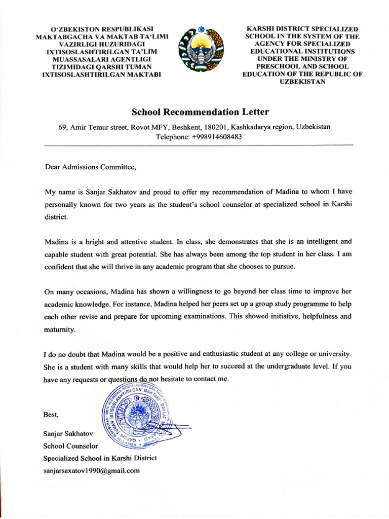 Madina Recommendation Letter | PDF