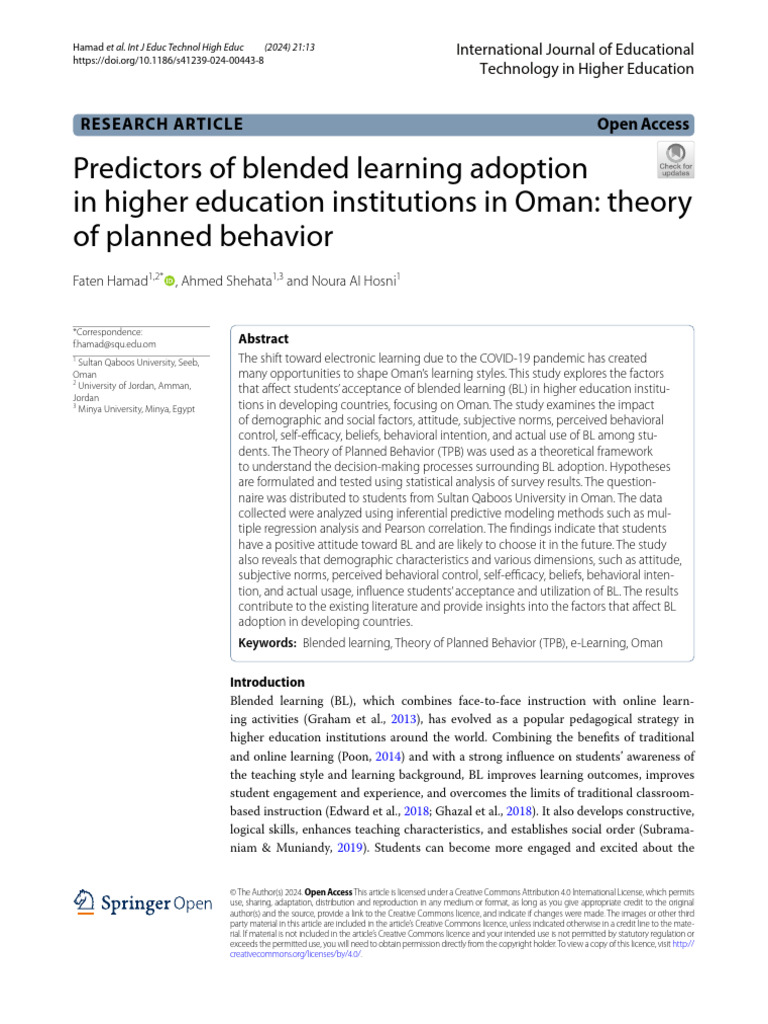 Predictors of Blended Learning Adoption in Higher Education ...