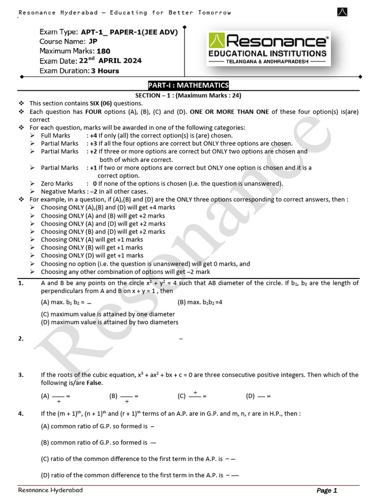 JP Apt-01 Paper-1 22-04-24 QP | PDF | Mirror | Circle