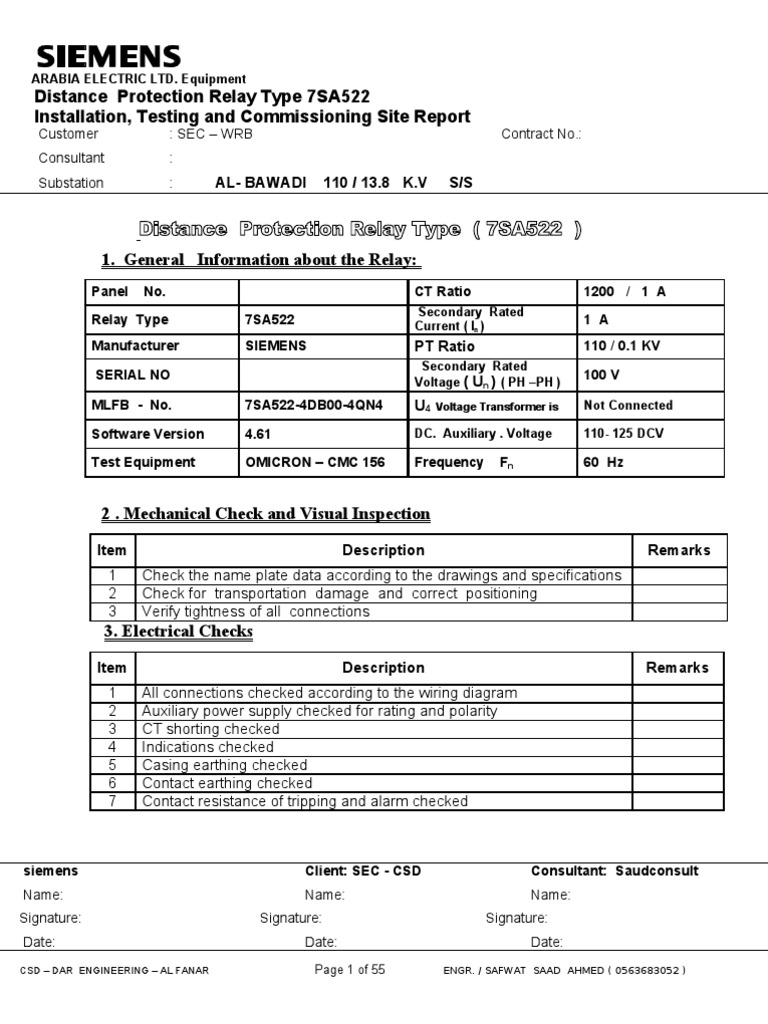 7SA522 Distance Relay Testing Report | PDF | Electrical Substation | Relay