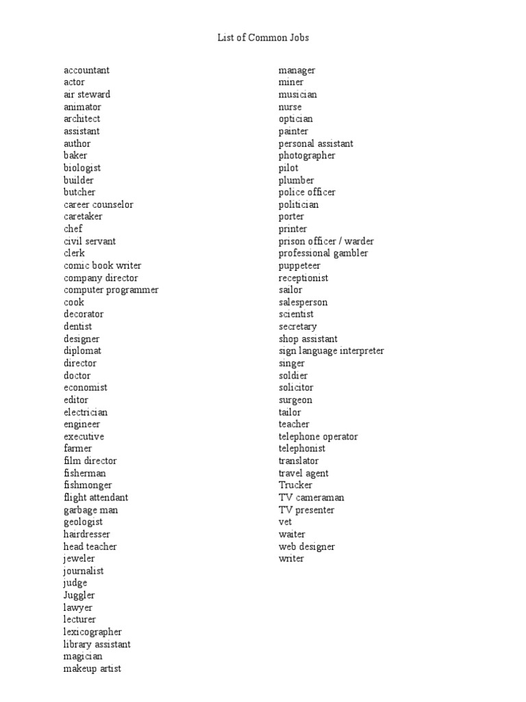 List of Common Jobs