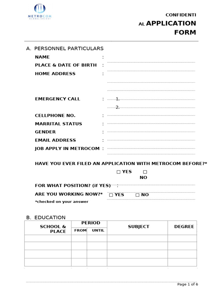 Metrocom Job Application Form | PDF
