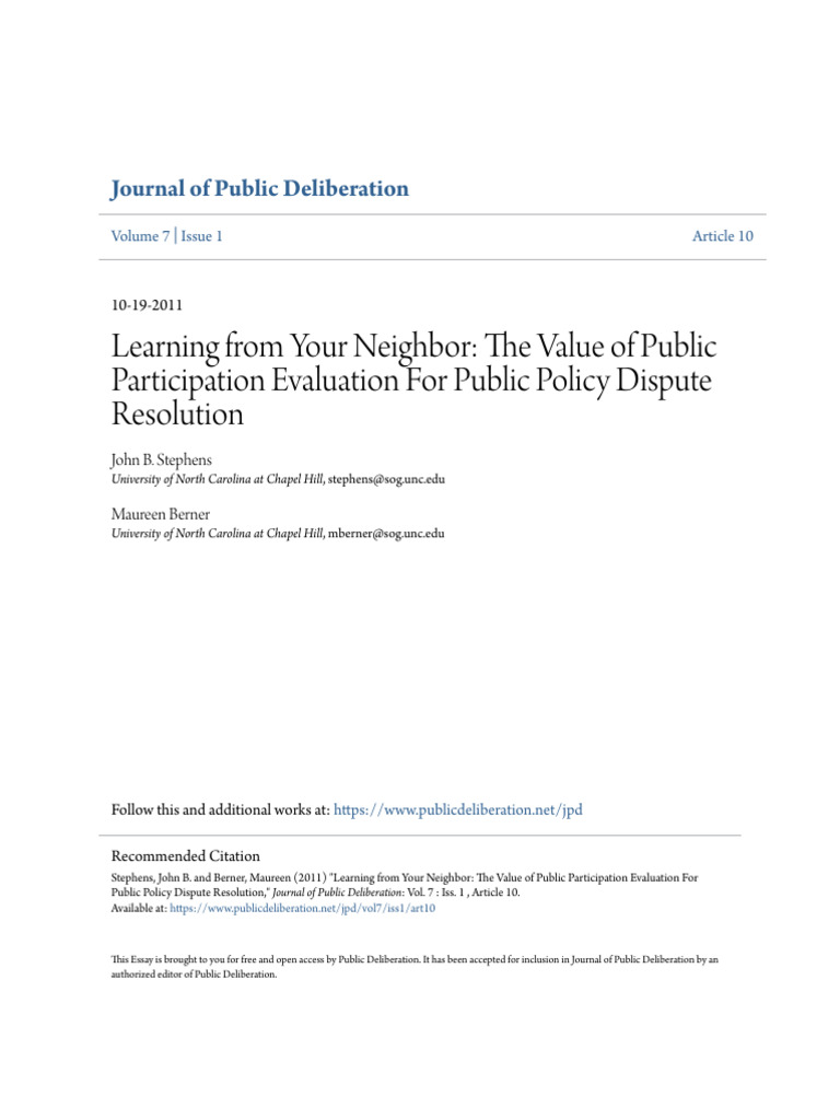 Public Participation in Policy Evaluation | PDF | Evaluation | Mediation