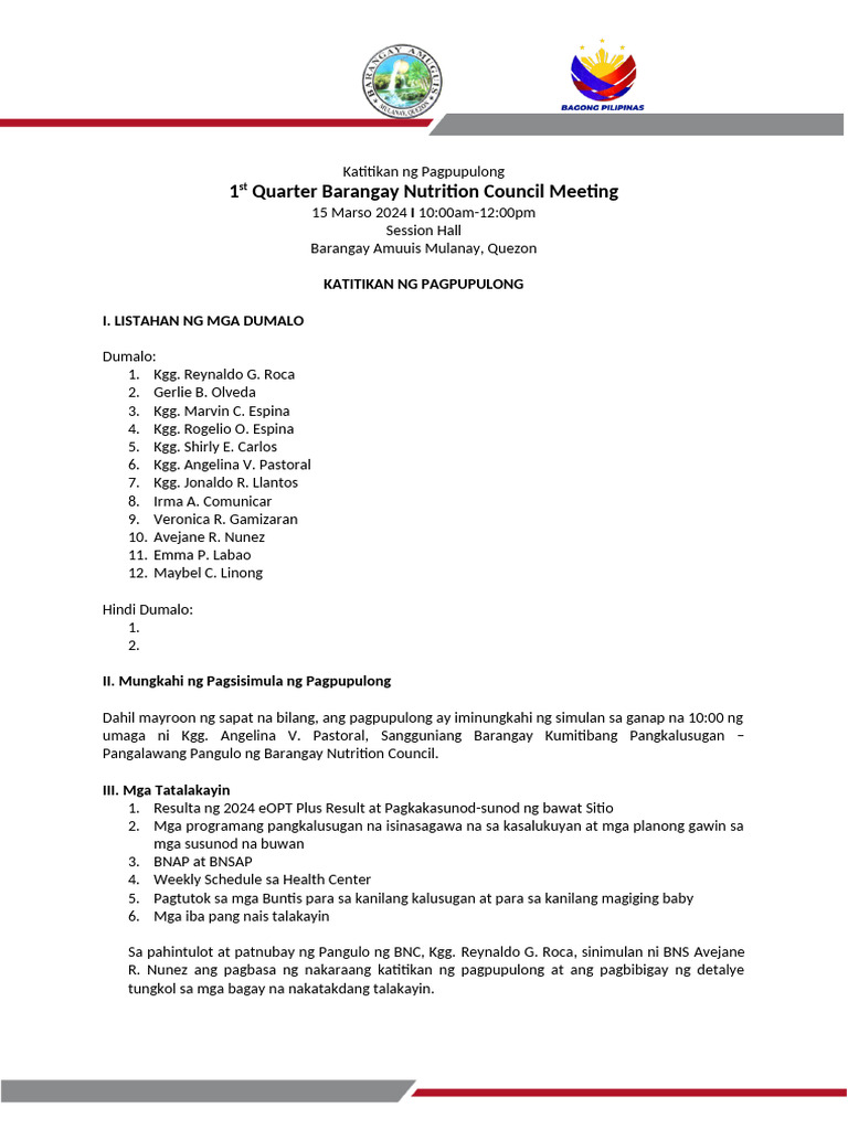 BNC-Minutes-of-Meeting - 1st QUARTER | PDF