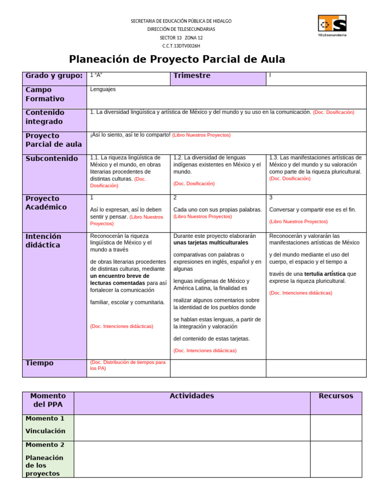 1° Formato Planeación de Proyecto Parcial de Aula | PDF | México ...