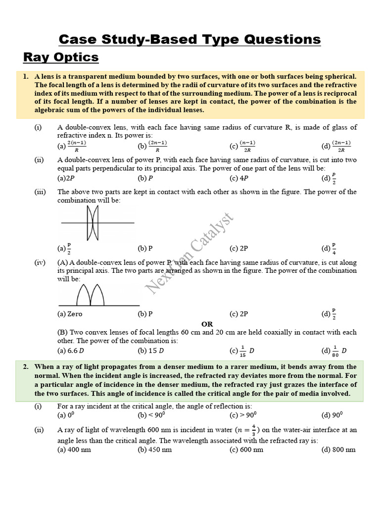Ray Optics Case Study Questions | PDF | Refraction | Refractive Index