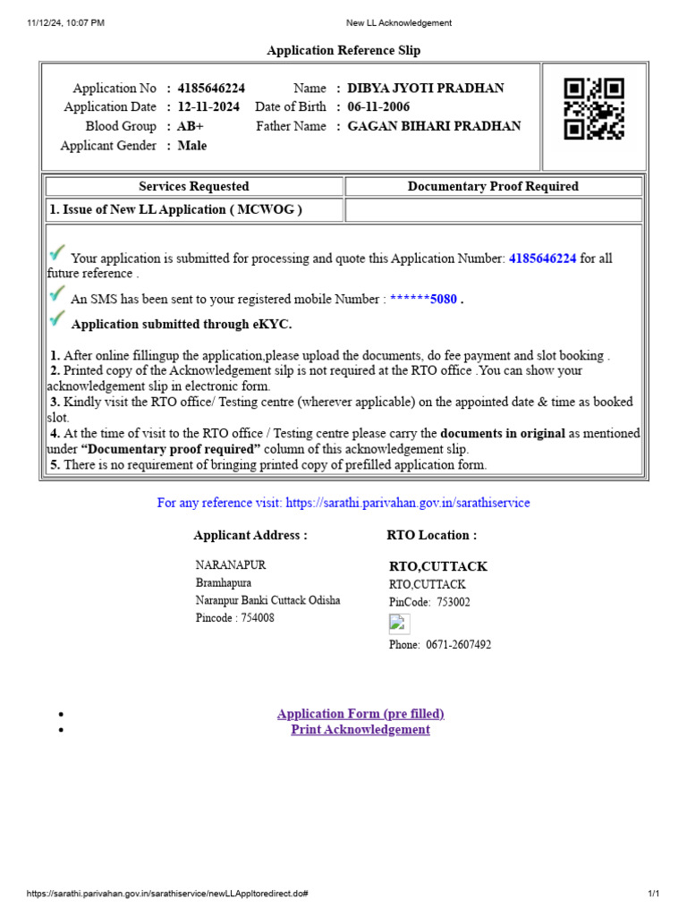 New Learner License Application Slip | PDF