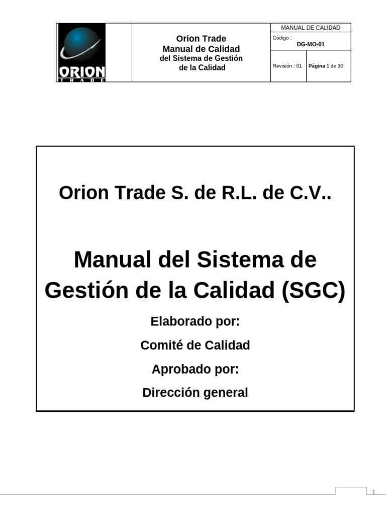 Manual de Calidad de Orion Trade SGC | PDF | Sistema de manejo de ...