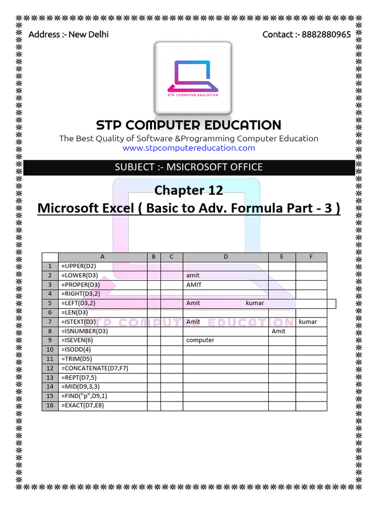 Chapter - 12 Microsoft Excel (Basic To Adv. Formula Part - 3) | PDF