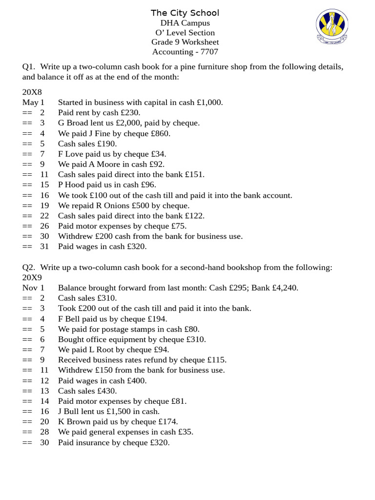 Grade 9 Accounting Cash Book Worksheet | PDF