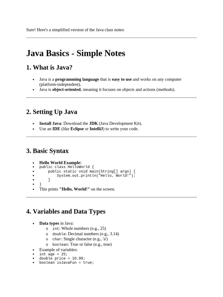 Java Basics: Simplified Notes Guide | PDF | Java (Programming Language ...