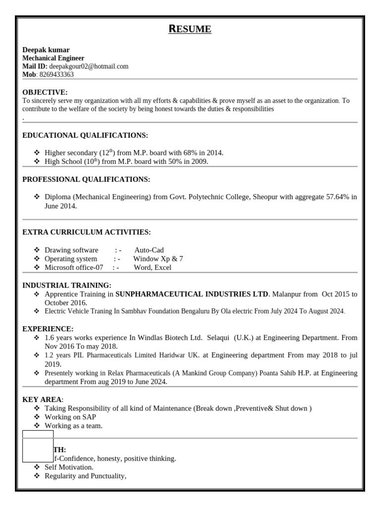 Mechanical Engineer Resume of Deepak Kumar | PDF