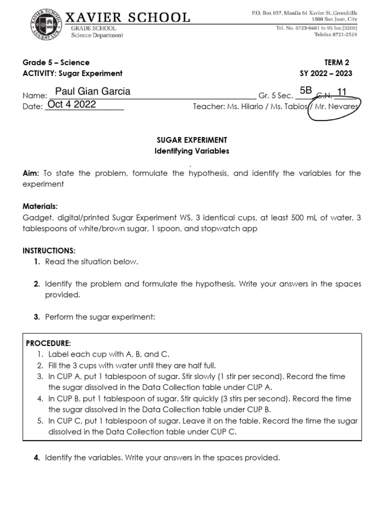 Grade 5 Sugar Experiment Guide | PDF | Carbohydrates | Sugar