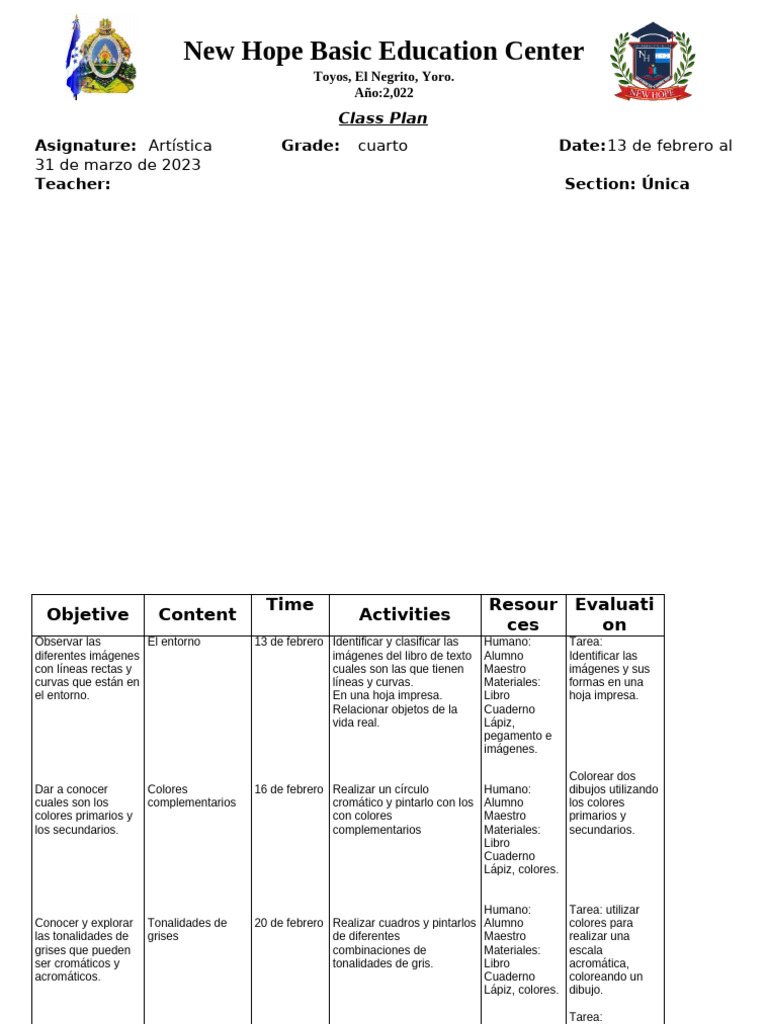 Plan de Clases Cuarto Grado 2023 | PDF | Autoestima