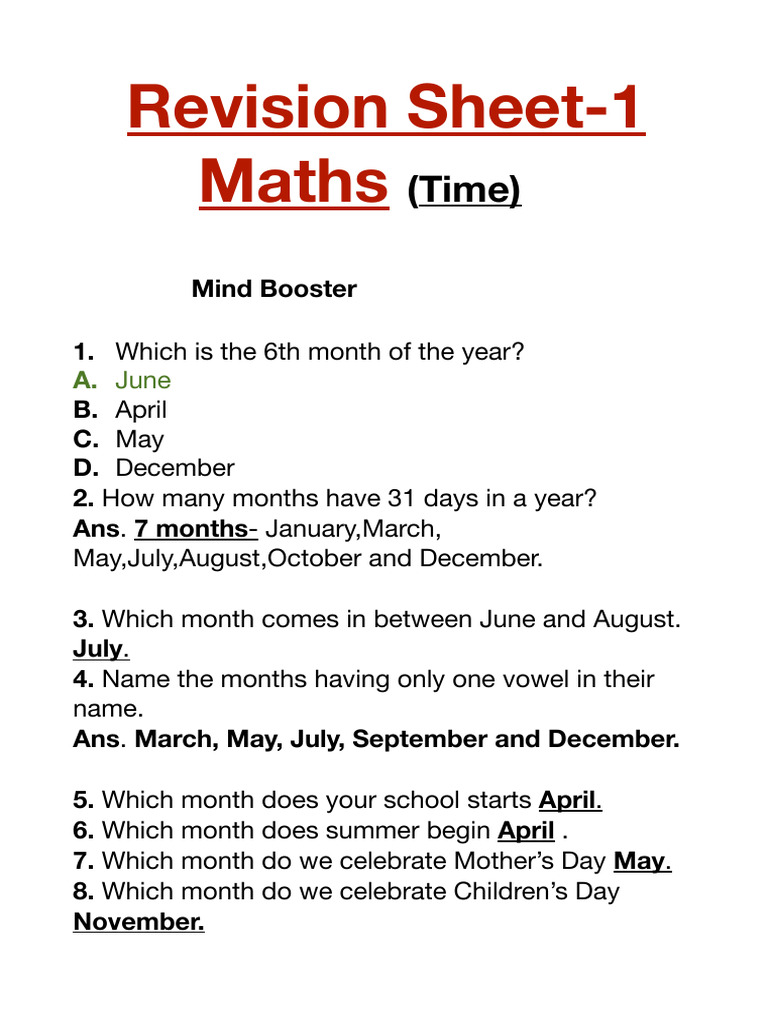 Answer Key Maths Revision Sheet 1 Time Pdf