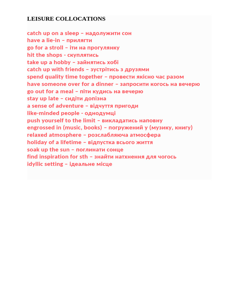 Leisure Collocations | PDF