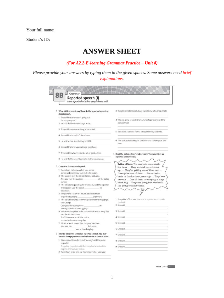 A2asdasd.2-E-learning Grammar Practice - Unit 8 (Answer Sheet) | PDF