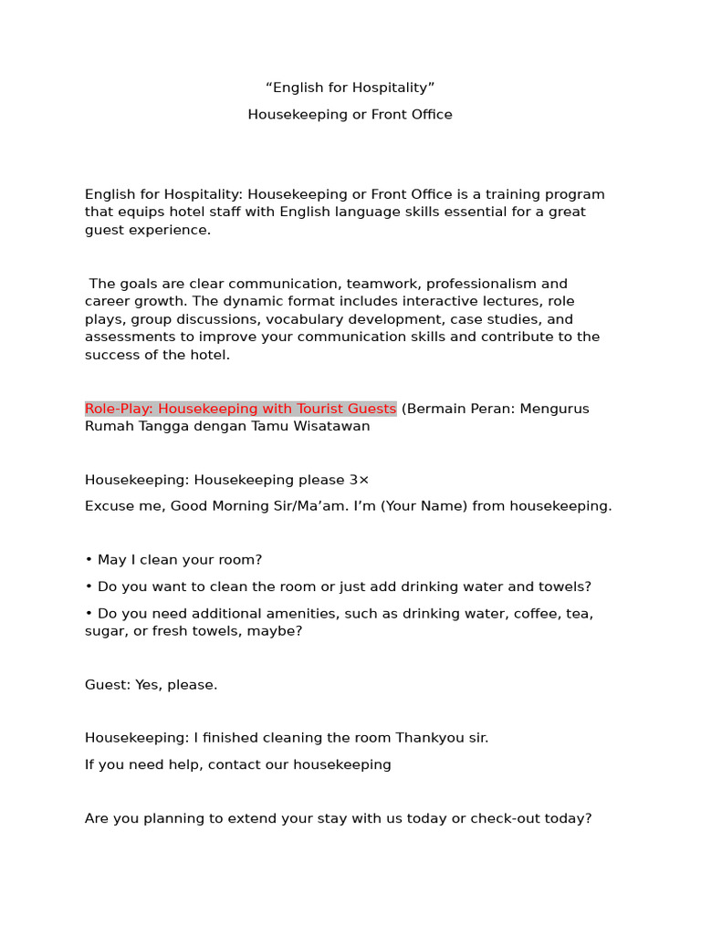 English Skills for Hotel Staff Training | PDF