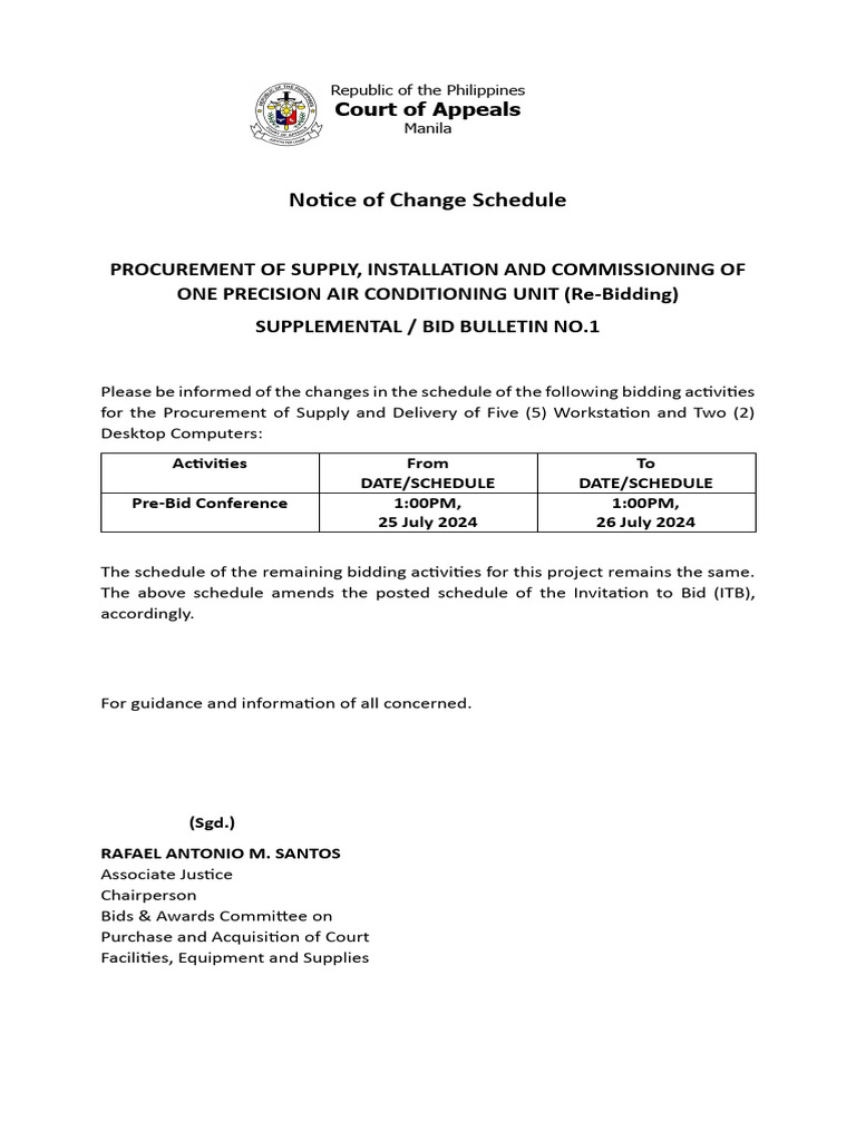 Change in Bidding Schedule for Air Conditioning Unit | PDF