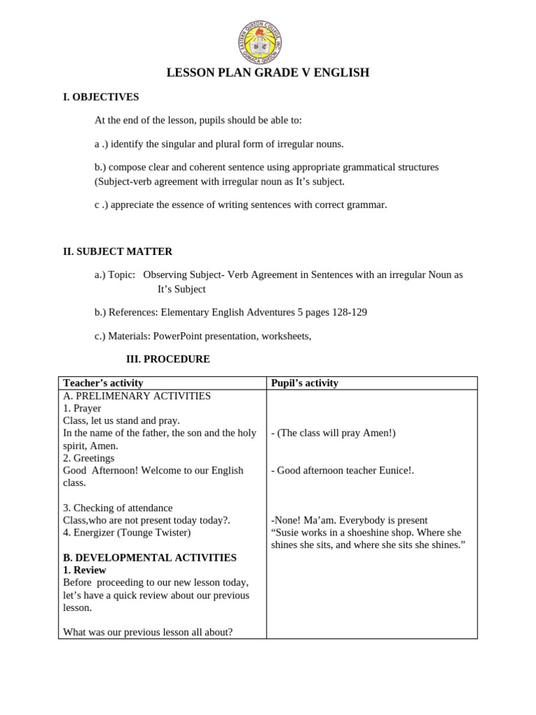 Lesson Plan Grade V English | PDF | Grammatical Number | Plural