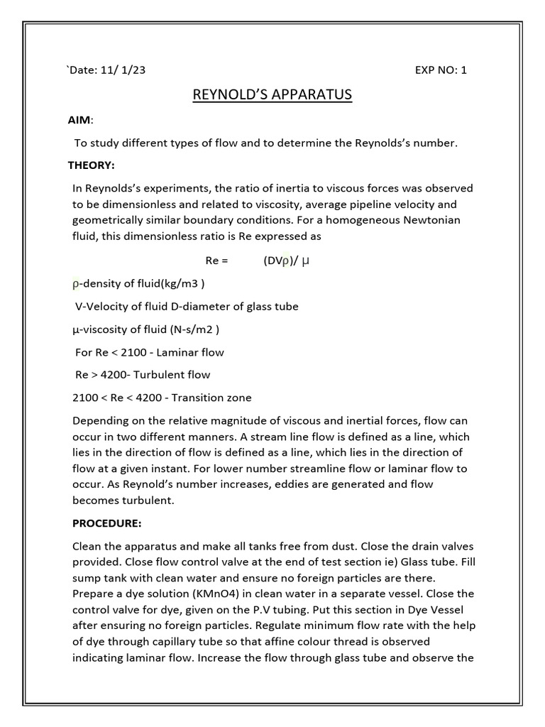 Reynolds Apparatus Flow Study | PDF | Reynolds Number | Fluid Mechanics