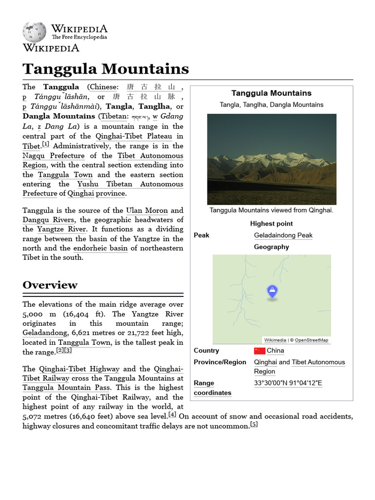 Tanggula Mountains - Wikipedia | PDF | Earth Sciences | Physiographic ...