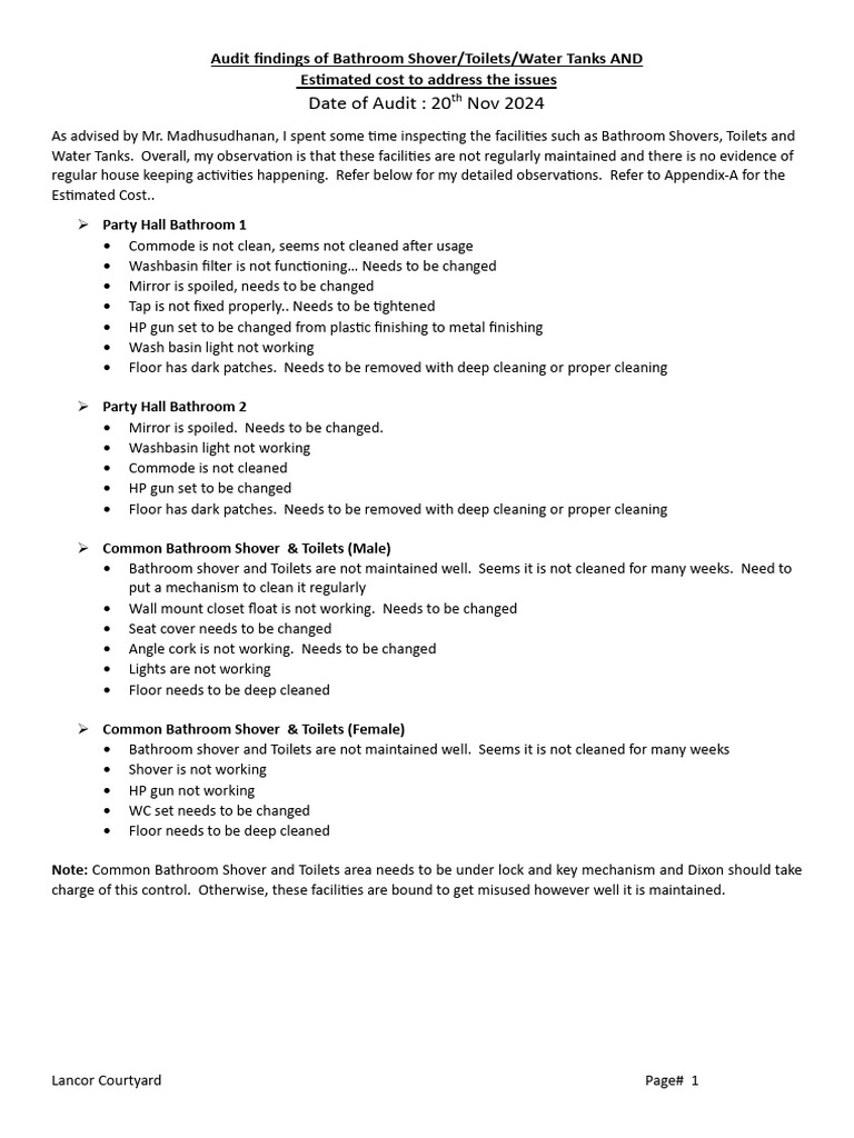 Audit Findings of Bathrooms, Toilets and Water Tanks v1 | PDF ...
