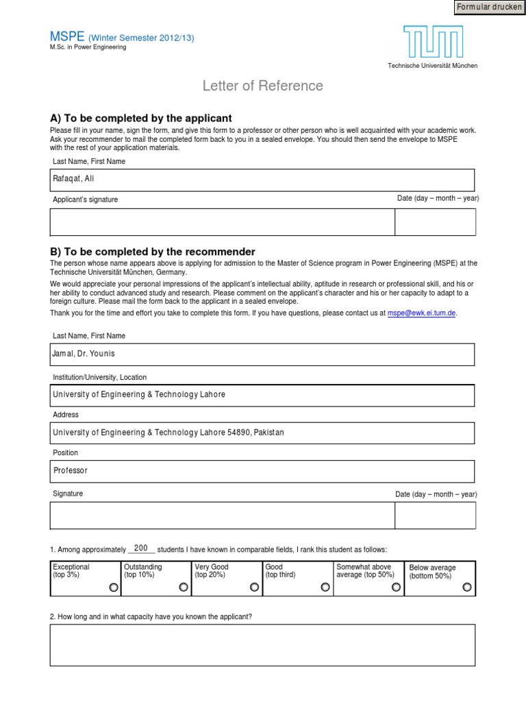 MSPE Letter of Recommendation Form | PDF