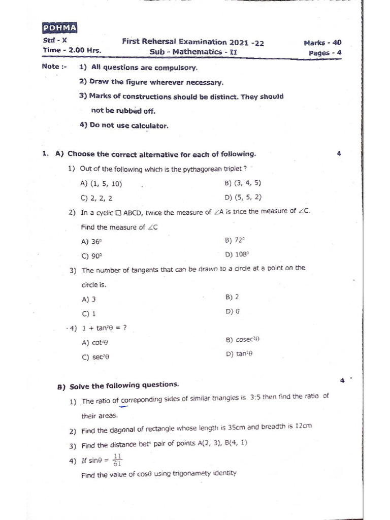 Xii Maths 2 Prelim Paper | PDF