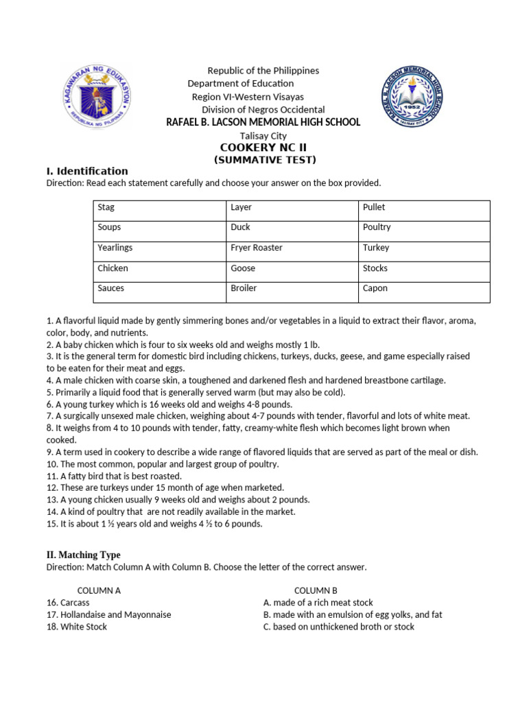 Summative Test In Cookery Pdf Stock Food Foods