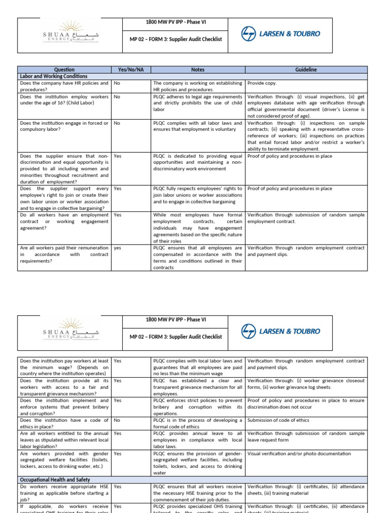 7-MP 02 - FORM 3 Supplier Audit Checklist-1 | PDF | Employment | Labour Law