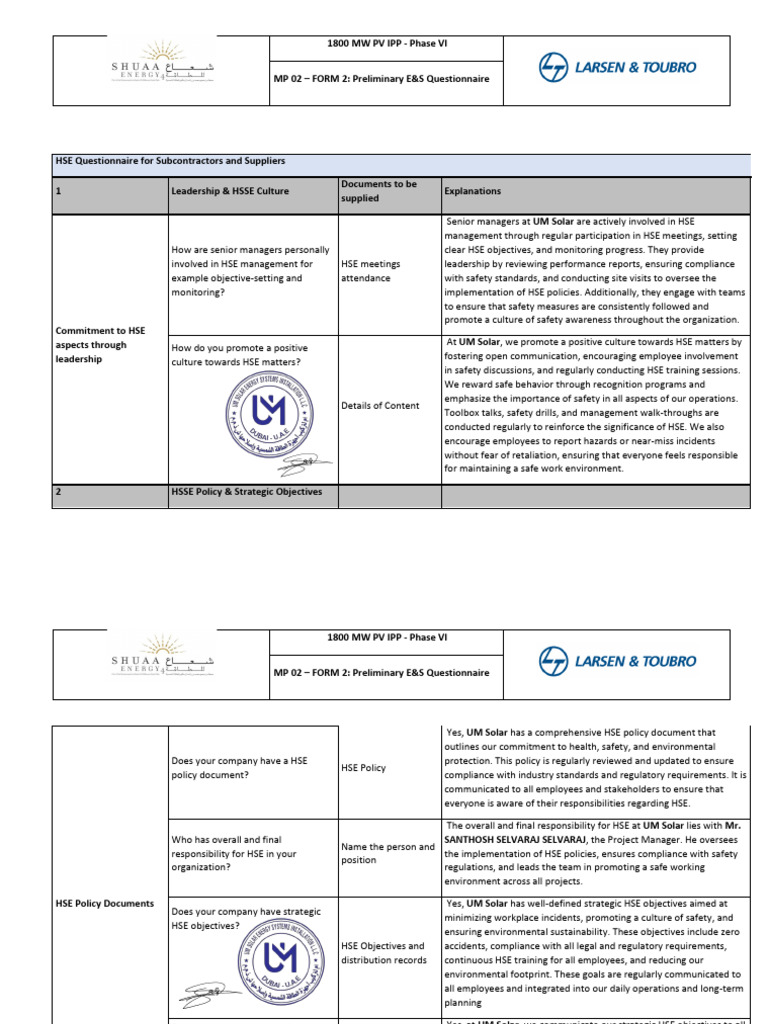 MP 02 - FORM 2 Preliminary E&S Questionnaire Draft | PDF | Occupational ...