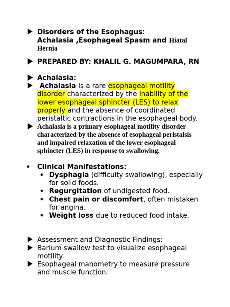 Esophageal Disorders: Achalasia, Spasm, Hernia | PDF | Esophagus ...