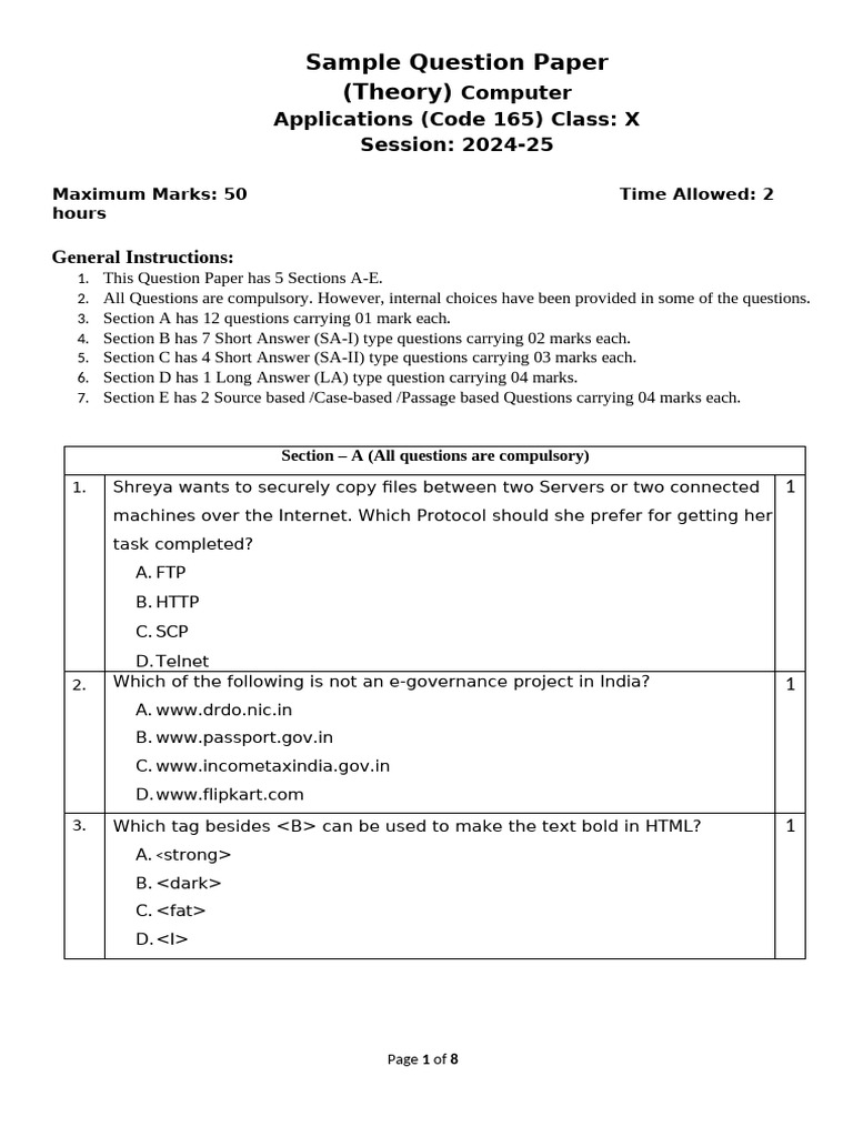 Cbse Class 10 Computer Applications Sample Paper 2024 25 Free PDF ...