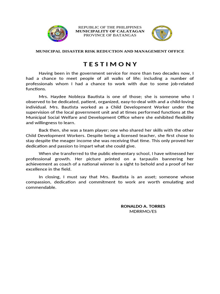 Testimony on Mrs. Haydee Bautista's Dedication | PDF