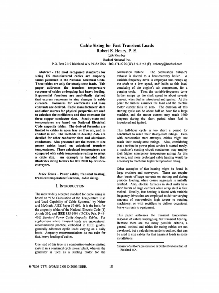 Cable Sizing for Fast Transient Loads | PDF | Electrical Resistance And ...