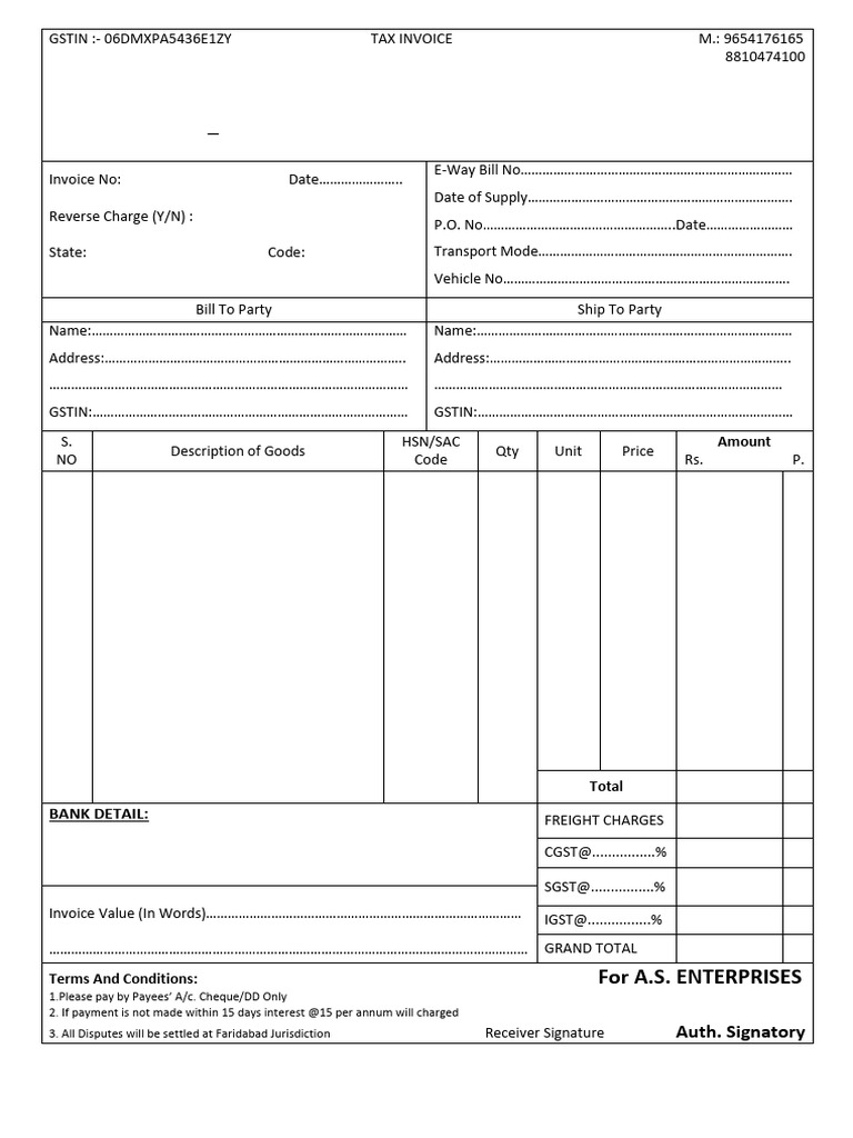 GST Tax Invoice Format for A.S. Enterprises | PDF | Payments