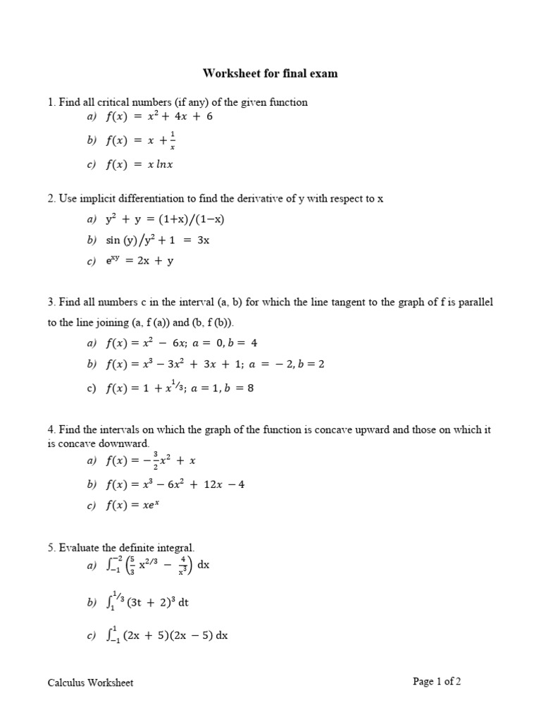 Comprehensive Calculus Exam Worksheet | PDF | Derivative | Calculus