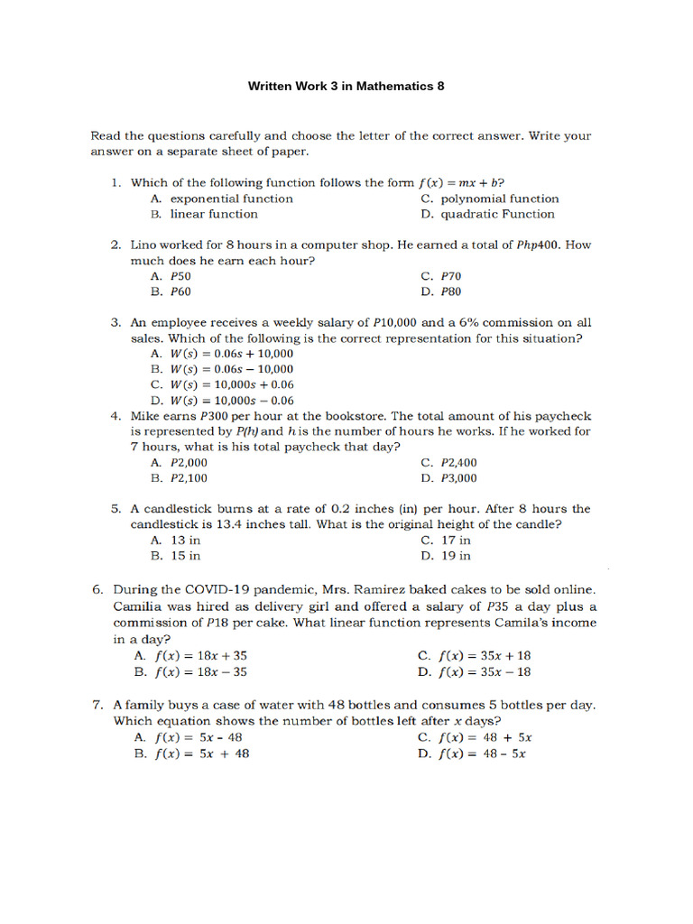 Written Work Linear Function | PDF