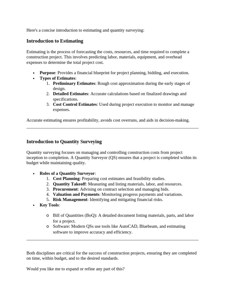 Estimating and Quantity Surveying Basics | PDF