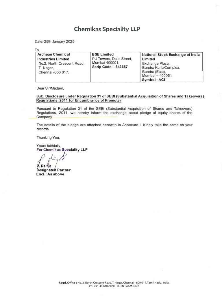 Chemikas Speciality LLP Share Pledge Notice | PDF | Stock Market ...