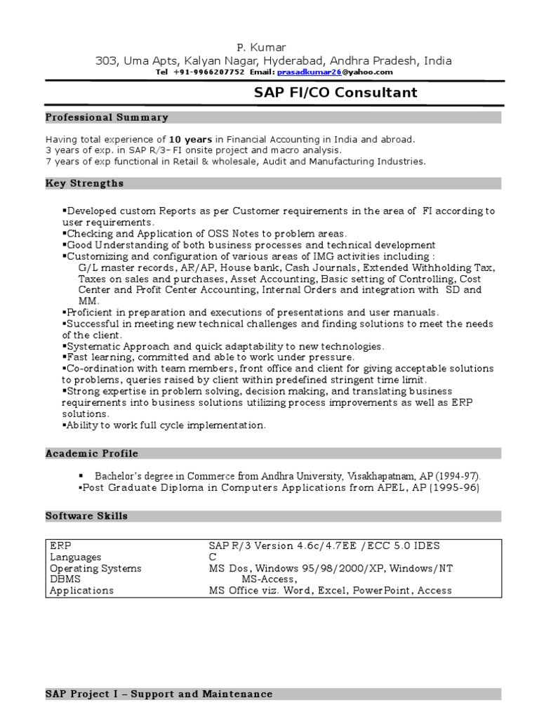 Resume Sap Fico Support Resume kumar cv sap fico consultant hyd balance sheet accounting