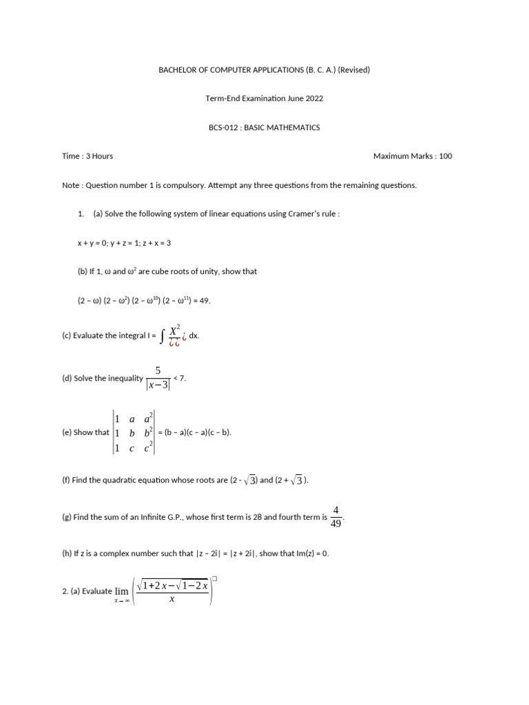 BCA BCS-012 Basic Mathematics Exam 2022 | PDF | Mathematical Concepts ...