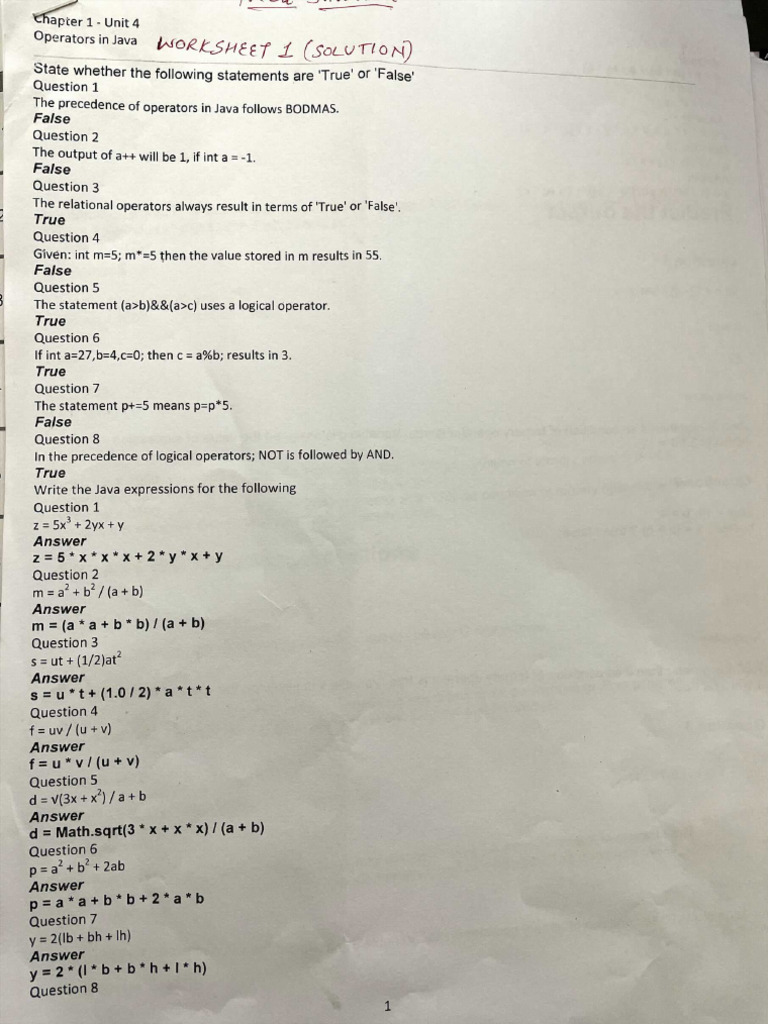 Operators Worksheet 1 Solution | PDF