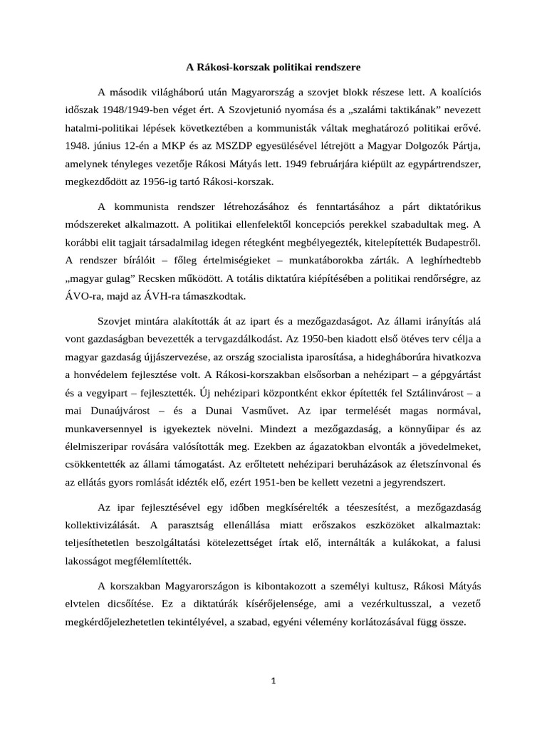 A Rákosi-Korszak Politikai Rendszere | PDF