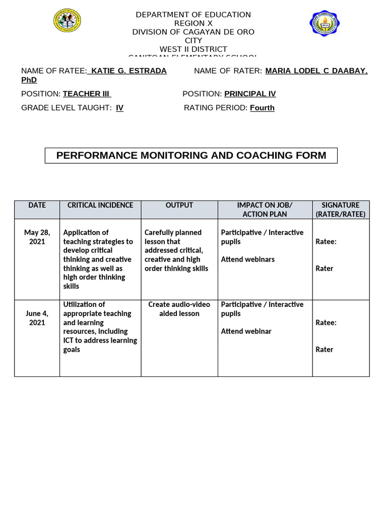 PERFORMANCE MONITORING AND COACHING FORM... Daabay | PDF